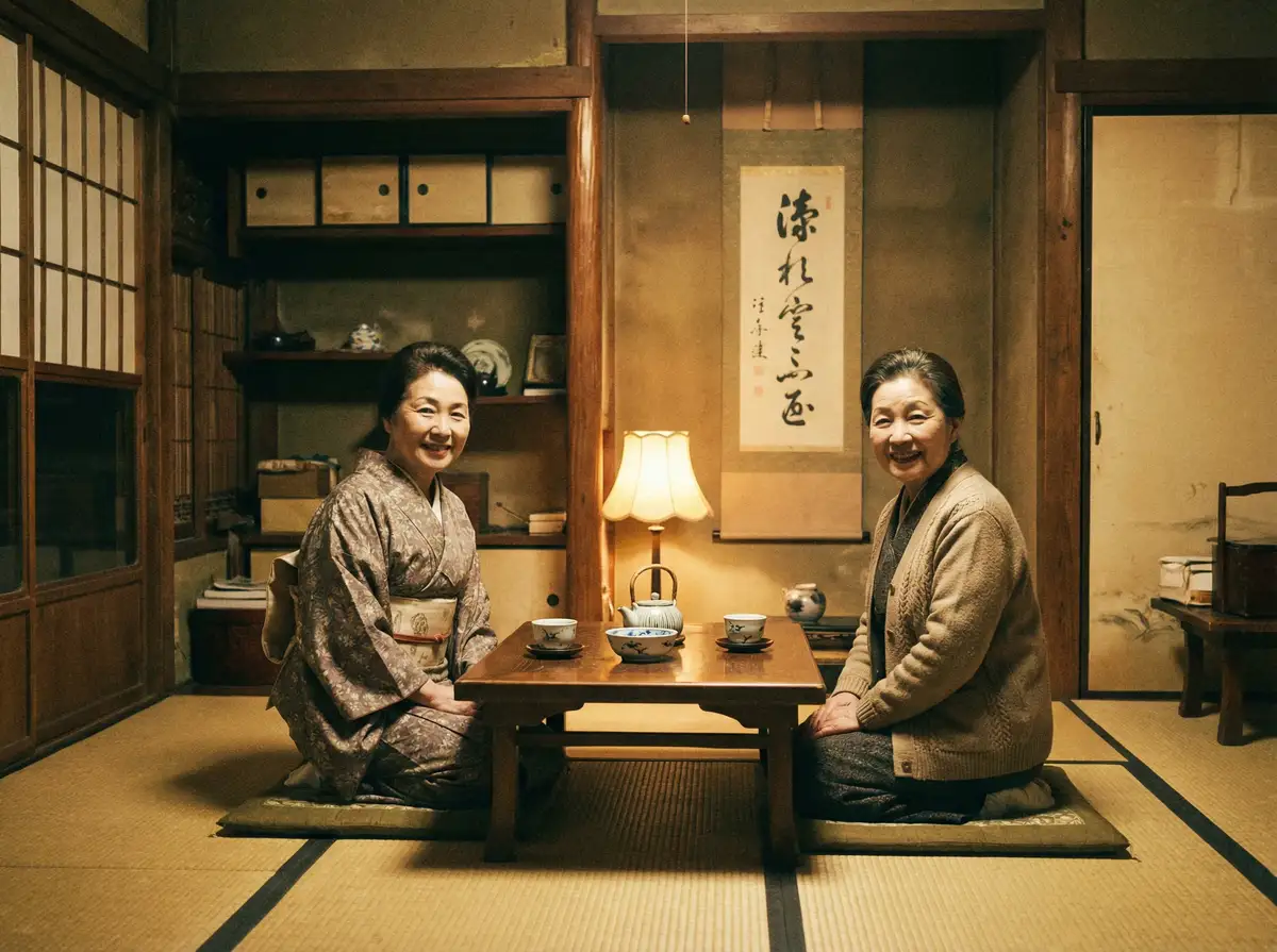 两位优雅的 涩漫18 在日式茶室中品茶交谈